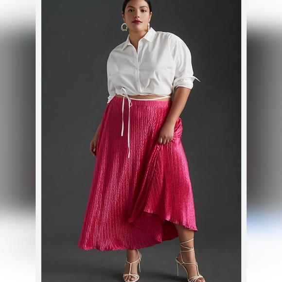 Anthropologie Maeve Pleated Shine Midi Skirt Fushia Hot Pink Barbiecore Girlypop - Picture 3 of 15
